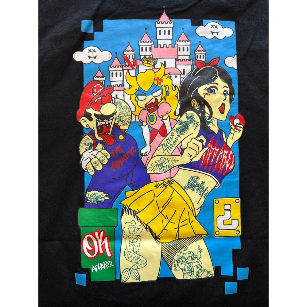 OK‎ Apparel Graphic T-Shirt Mens 2XL Black New Tattooed Peach Mario Mushroom Tee - Picture 4 of 7